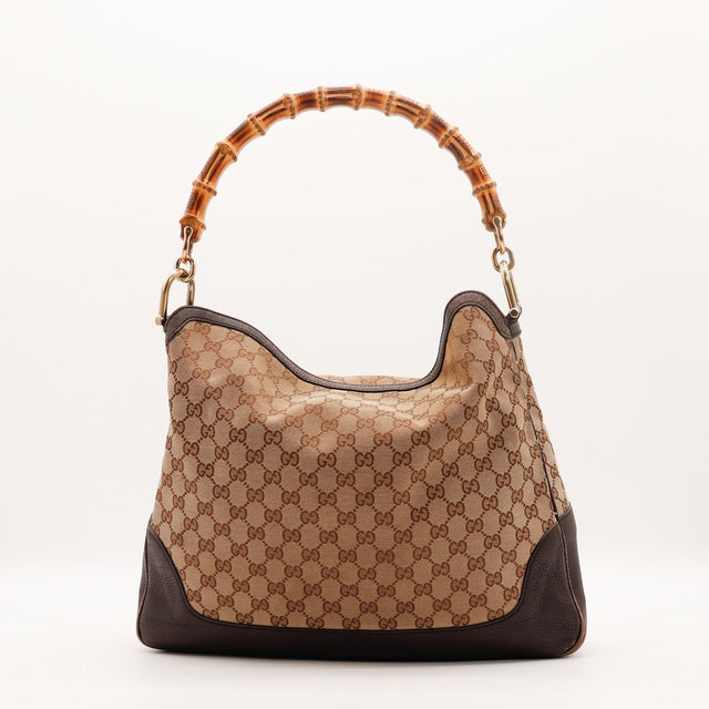 Sac Gucci Hobo Bambou toile monogrammée beige vue de face occasion authentique — AMANA Vintage