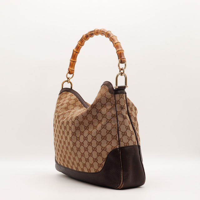 Sac Gucci Hobo Bambou vue de dos toile beige et cuir marron occasion authentique — AMANA Vintage
