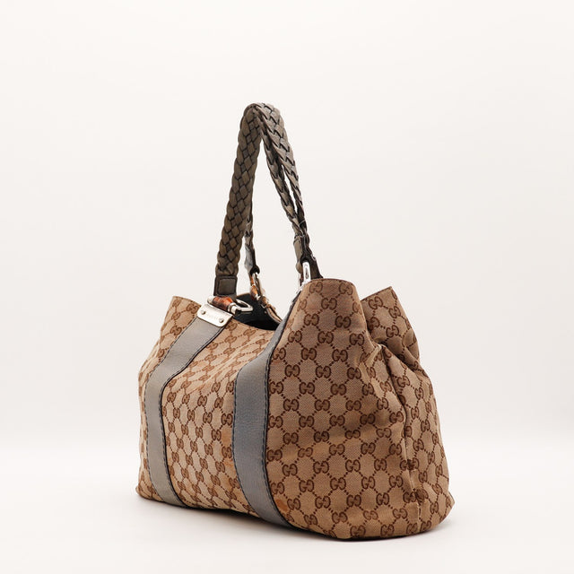 Sac Gucci Tote Bambou vue de dos toile beige et cuir gris occasion authentique — AMANA Vintage
