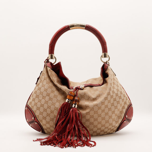 Sac Gucci Indy Hobo toile monogrammée beige vue de face occasion authentique — AMANA Vintage