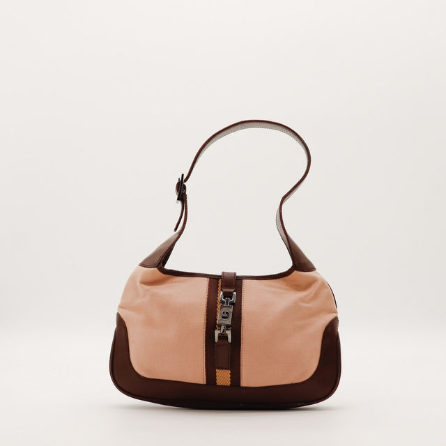 Sac Gucci Jackie toile rose et cuir marron vue de face occasion authentique — AMANA Vintage