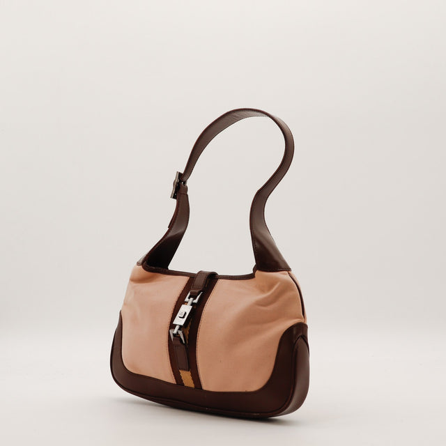 Sac Gucci Jackie toile rose vue trois quarts occasion authentique — AMANA Vintage