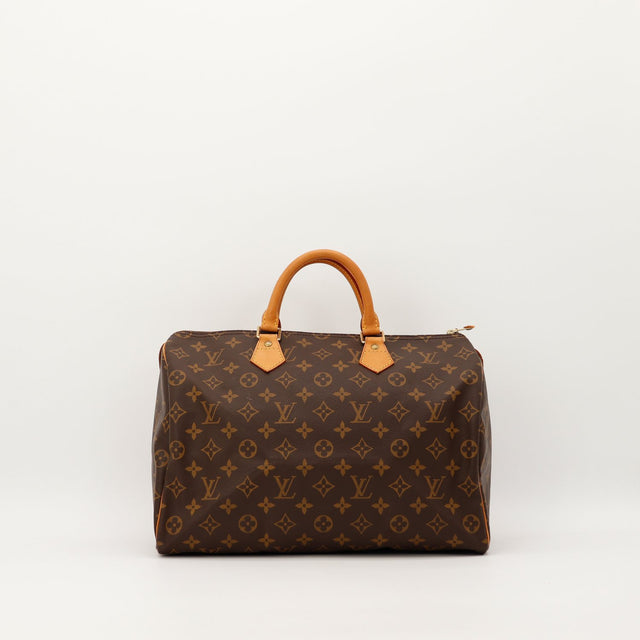 Sac Louis Vuitton Speedy 35 toile Monogram vue de face patine claire occasion authentique — AMANA Vintage