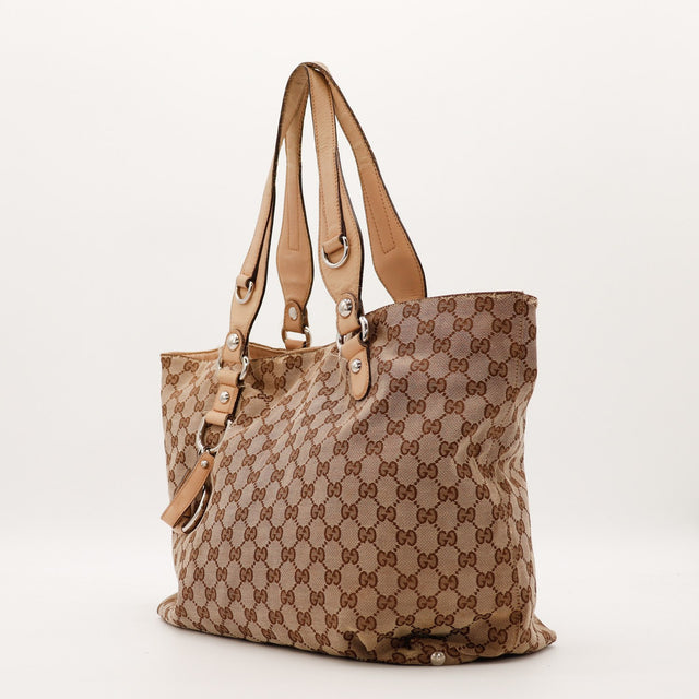 Sac Gucci Tote Bag toile monogrammée vue de trois quarts occasion authentique — AMANA Vintage