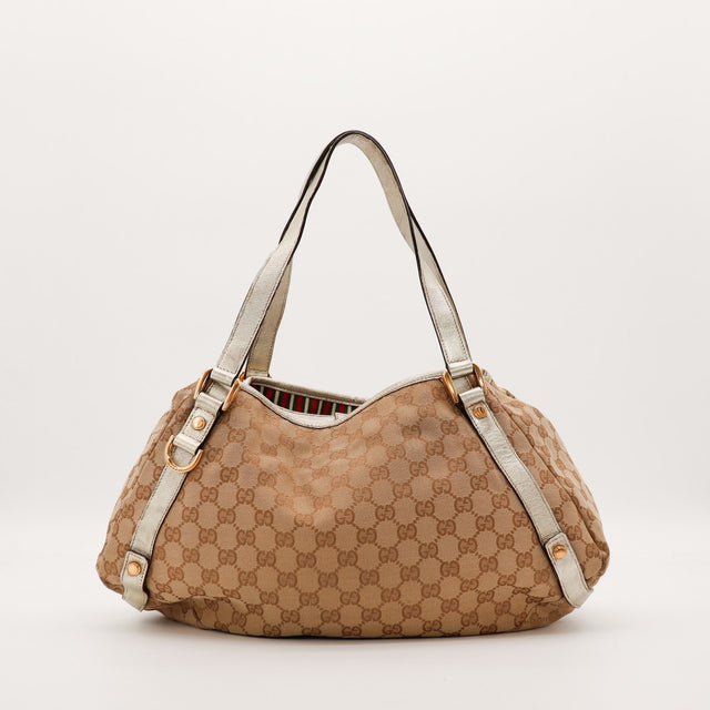 Sac Gucci Hobo toile monogrammée beige et cuir argenté vue de face occasion authentique — AMANA Vintage