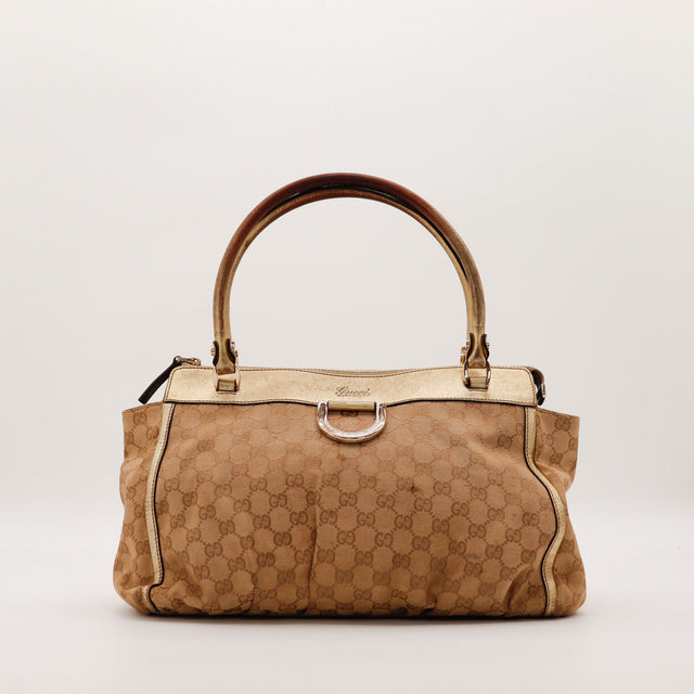 Tote Gucci toile monogrammée cuir doré vue de face occasion authentique — AMANA Vintage