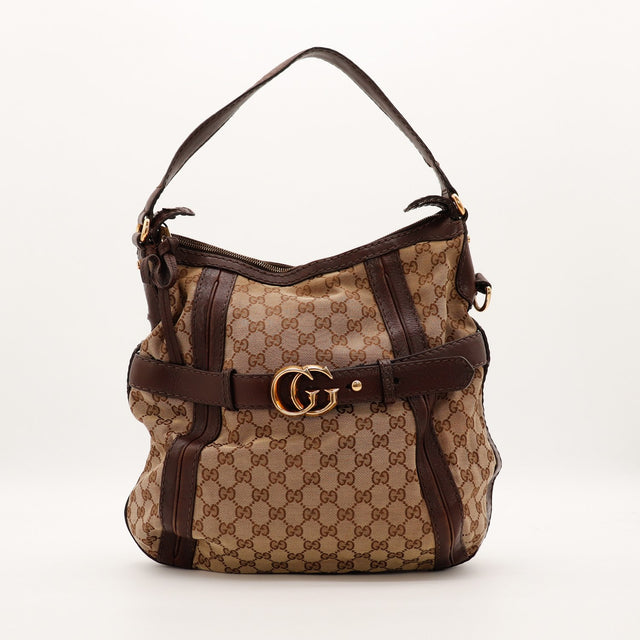 Sac Gucci Hobo toile monogrammée beige vue de face occasion authentique — AMANA Vintage