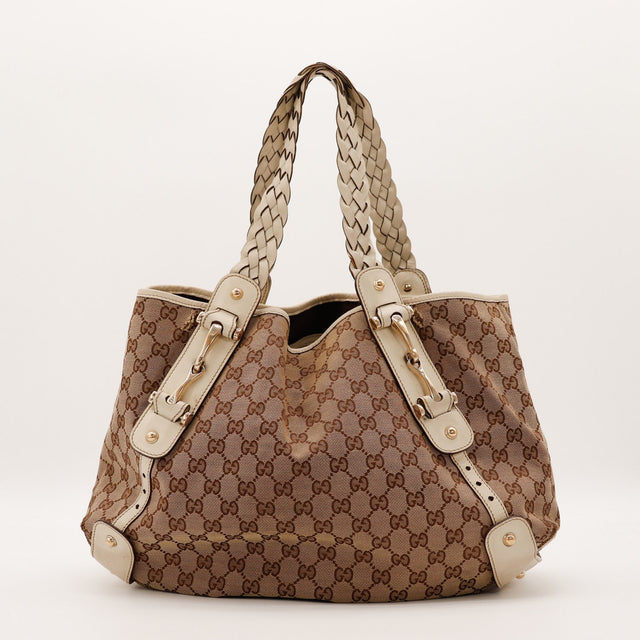 Sac Gucci Pelham Tote toile monogrammée beige vue de face occasion authentique — AMANA Vintage