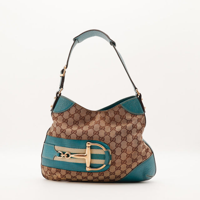 Sac Gucci Jackie Horsebit toile monogrammée et cuir turquoise vue de face occasion authentique — AMANA Vintage