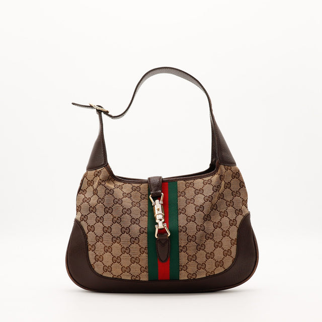 Gucci New Jackie toile monogrammée bande Web rouge vert vue de face occasion authentique — AMANA Vintage