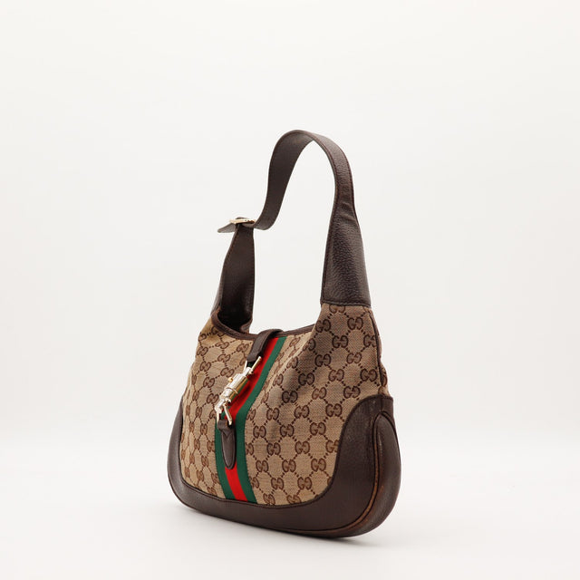 Gucci New Jackie vue de trois quarts droite monogramme cuir marron — AMANA Vintage