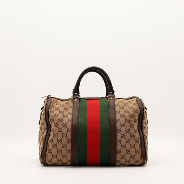 Sac Gucci Boston Web toile monogrammée bande Web verte rouge vue de face occasion authentique — AMANA Vintage