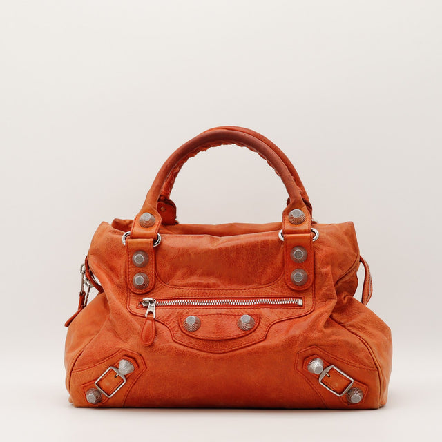 Sac Balenciaga Work Giant 21 cuir d'agneau froissé orange vue de face occasion authentique — AMANA Vintage