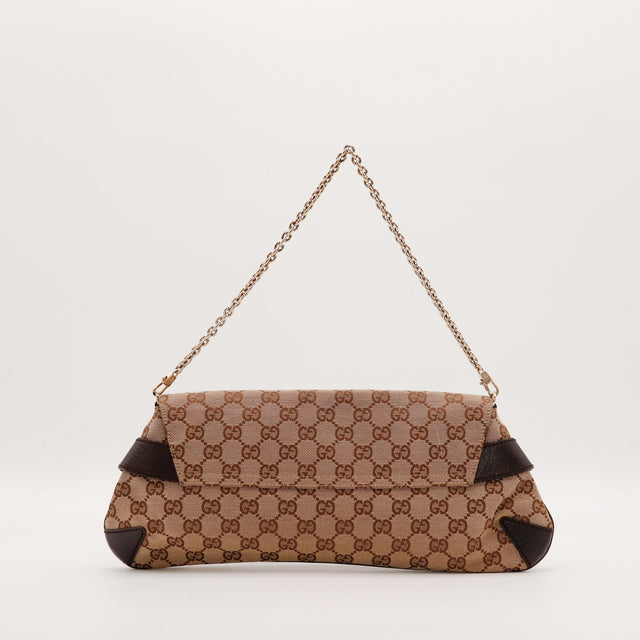 Parte traseira da bolsa de mão Gucci Horsebit em tela monogramada bege e castanha vintage — AMANA Vintage