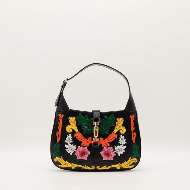 Sac Gucci Jackie cuir noir appliqués fleurs vue de face occasion authentique — AMANA Vintage