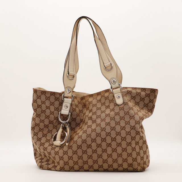 Tote Gucci monogramme et cuir ivoire fermoir Horsebit vue de face occasion authentique — AMANA Vintage