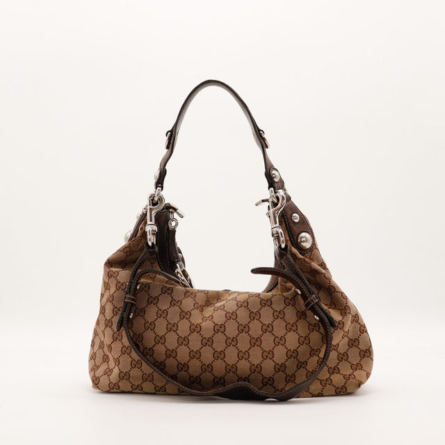 Hobo Gucci toile monogrammée beige marron vue de face occasion authentique — AMANA Vintage