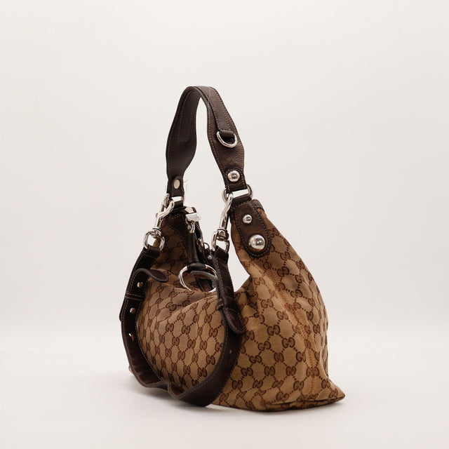 Hobo Gucci vue de côté gauche toile monogrammée cuir marron — AMANA Vintage