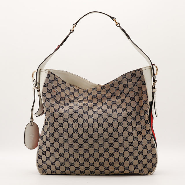 Sac Gucci Hobo Web toile monogrammée bleu marine vue de face occasion authentique — AMANA Vintage
