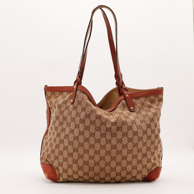 Tote Bag Gucci toile monogrammée cuir rouge vue de face occasion authentique — AMANA Vintage