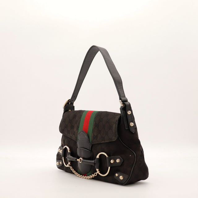 Hobo Gucci noir bande Web vue de trois quarts côté gauche occasion — AMANA Vintage