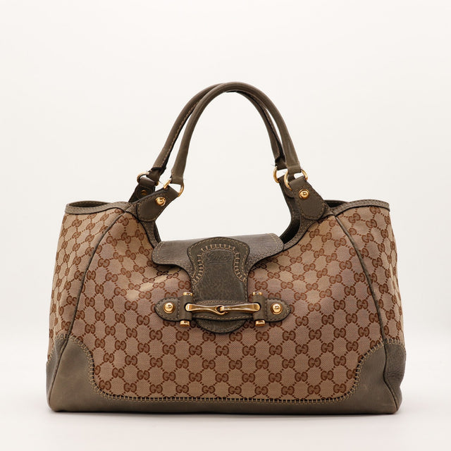 Tote Bag Horsebit Gucci toile monogrammée cuir grainé kaki vue de face occasion authentique — AMANA Vintage