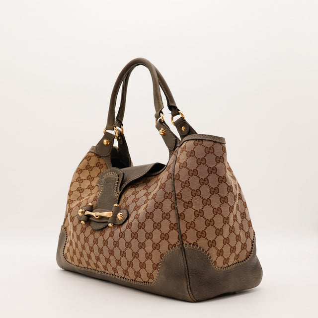 Vue de trois quarts Tote Horsebit Gucci toile monogrammée kaki beige — AMANA Vintage