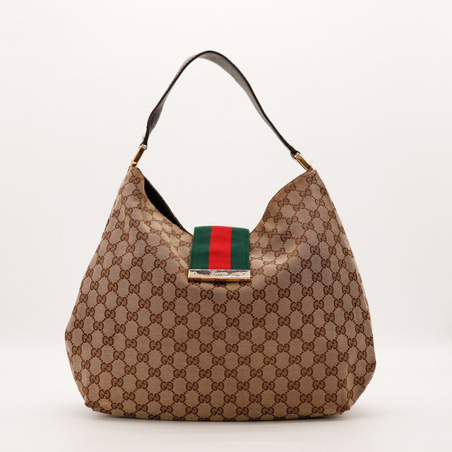 Sac Gucci Hobo Web toile monogrammée beige bande Web verte rouge vue de face occasion authentique — AMANA Vintage