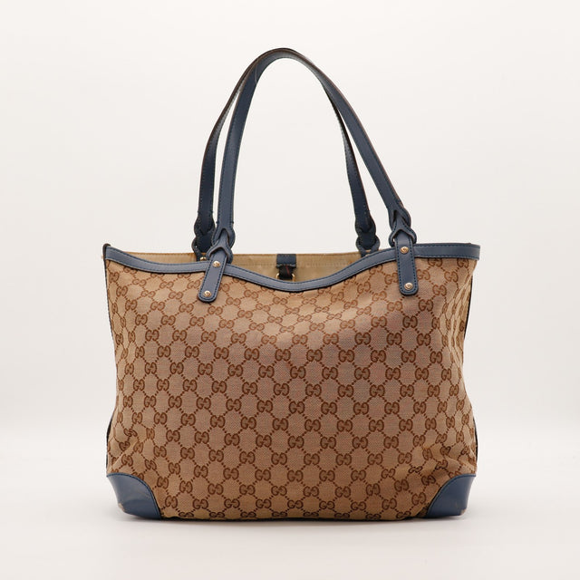 Tote Bag Bottega Veneta toile monogrammée cuir bleu marine vue de face occasion authentique — AMANA Vintage