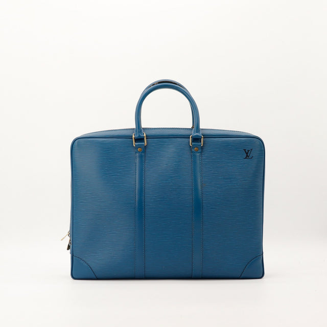 Porte-Documents Voyage Louis Vuitton cuir Epi bleu vue de face occasion authentique — AMANA Vintage