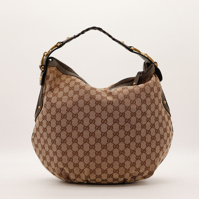 Sac Gucci Hobo Horsebit toile monogrammée beige marron vue de face occasion authentique — AMANA Vintage