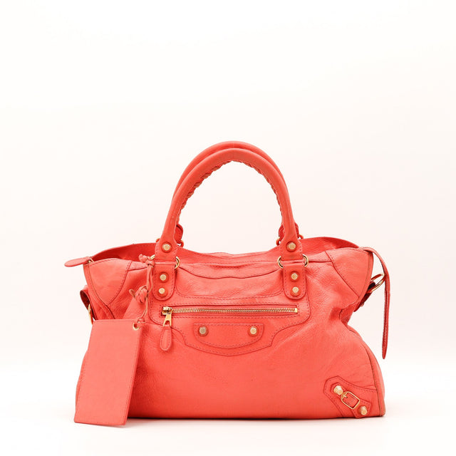 Sac Balenciaga City cuir d'agneau froissé corail vue de face occasion authentique — AMANA Vintage