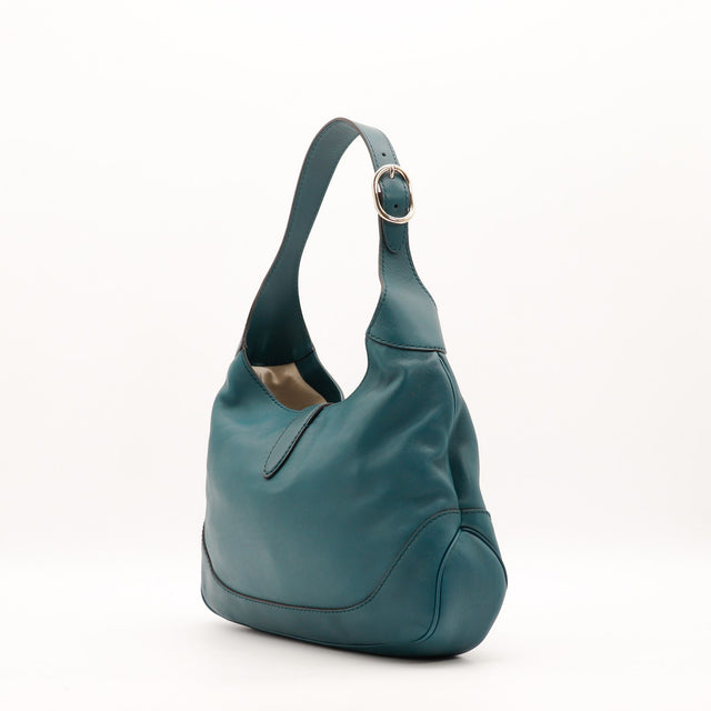Détail de l'anse réglable Gucci New Jackie cuir lisse bleu canard occasion authentique — AMANA Vintage