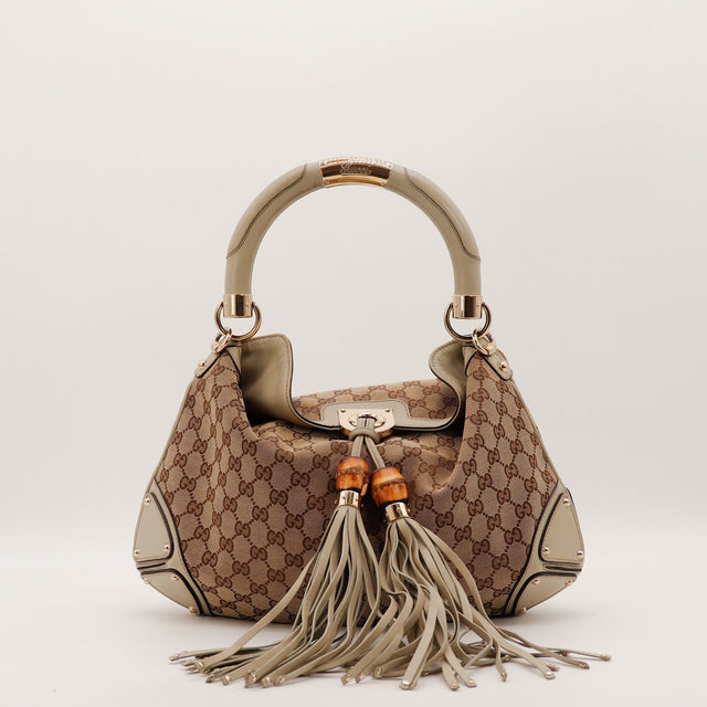 Sac Gucci Indy Hobo toile monogrammée beige et cuir vue de face occasion authentique — AMANA Vintage