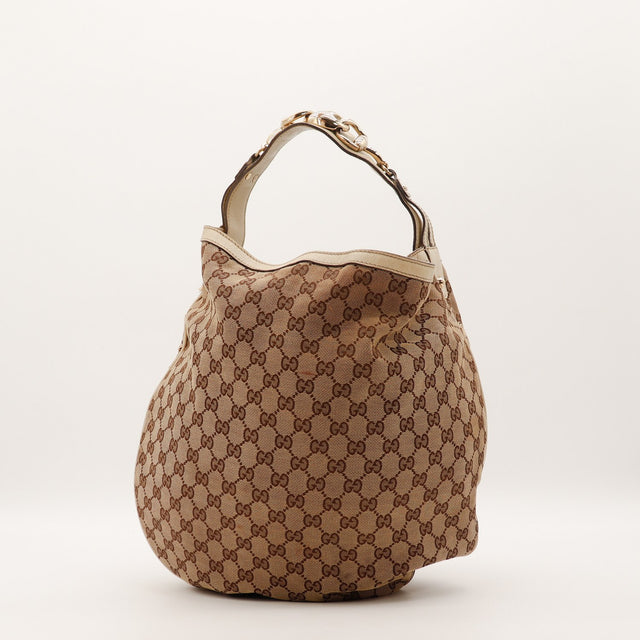 Sac Gucci Hobo Horsebit toile monogrammée beige vue de face occasion authentique — AMANA Vintage