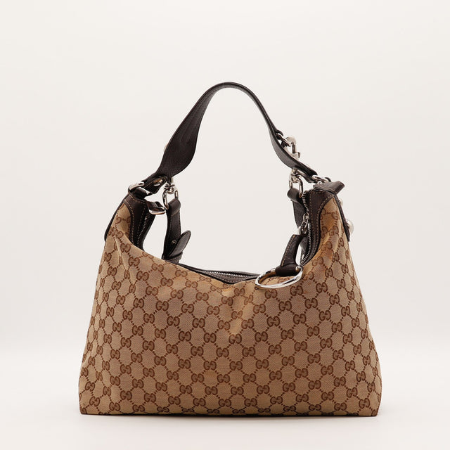 Sac Gucci Hobo Horsebit toile monogrammée beige vue de face occasion authentique — AMANA Vintage