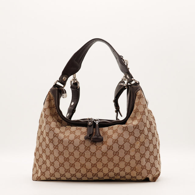 Vue de face Gucci Hobo toile monogrammée beige et ébène occasion authentique — AMANA Vintage