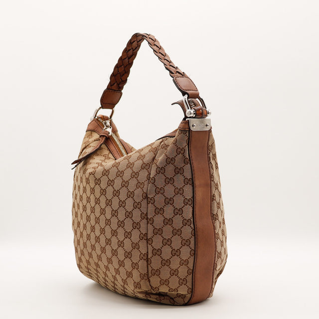 Détail de la fermeture Gucci Hobo toile monogrammée beige et ébène occasion authentique — AMANA Vintage