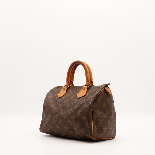 Vue trois quarts Louis Vuitton Speedy 25 Monogram patine caramel — AMANA Vintage