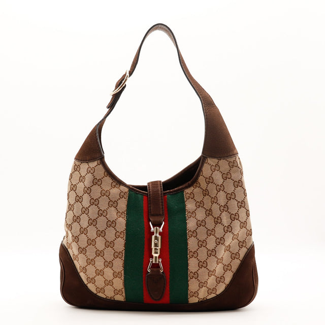 Vue de face Gucci New Jackie toile monogrammée et nubuck marron occasion authentique — AMANA Vintage