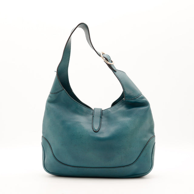 Vue de profil Gucci New Jackie cuir lisse bleu canard occasion authentique — AMANA Vintage
