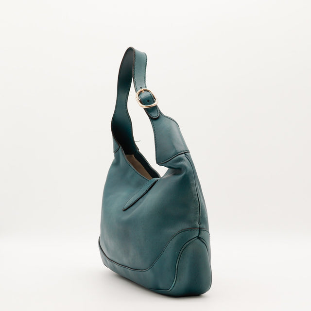Vue de l'autre profil Gucci New Jackie cuir lisse bleu canard occasion authentique — AMANA Vintage