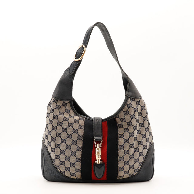 Vue de face Gucci New Jackie toile monogrammée bleu marine et beige occasion authentique — AMANA Vintage