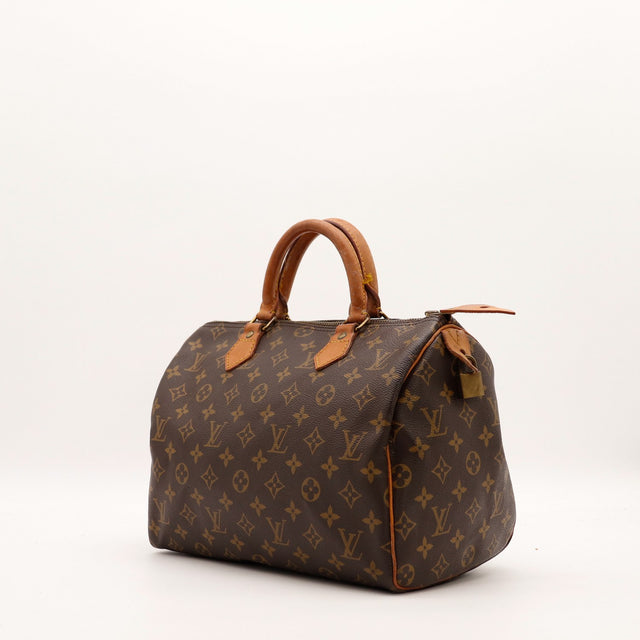 Louis Vuitton Speedy 30 vue trois quarts toile Monogram patine caramel — AMANA Vintage