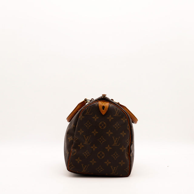 Côté Louis Vuitton Speedy 30 Monogram-canvas vachettaleer tweedehands — AMANA Vintage