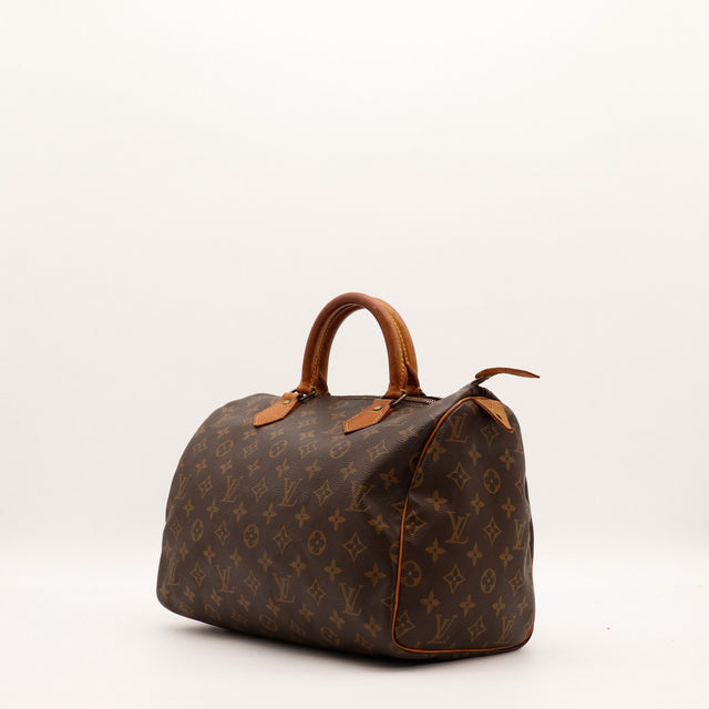 Vue trois quarts Louis Vuitton Speedy 30 toile Monogram patine caramel — AMANA Vintage