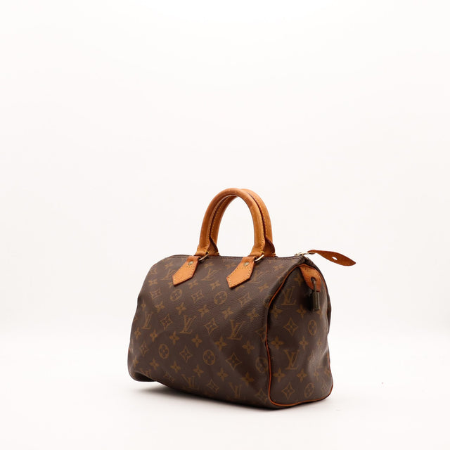 Louis Vuitton Speedy 25 vue trois quarts toile Monogram patine caramel — AMANA Vintage