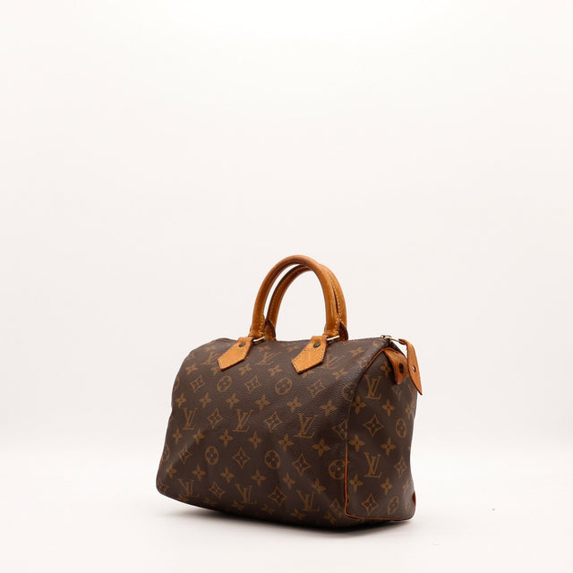 Louis Vuitton Speedy 25 vue trois quarts toile Monogram patine caramel — AMANA Vintage