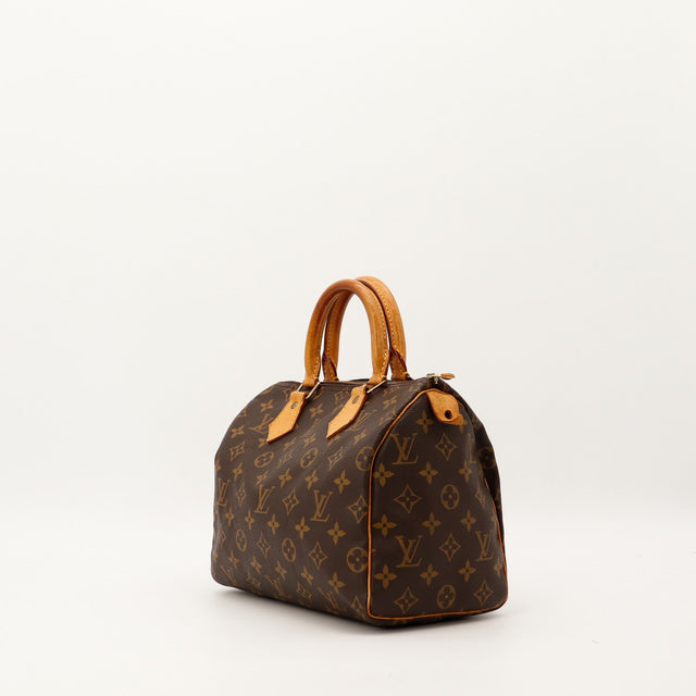 Louis Vuitton Speedy 25 vue de trois quarts patine caramel occasion — AMANA Vintage