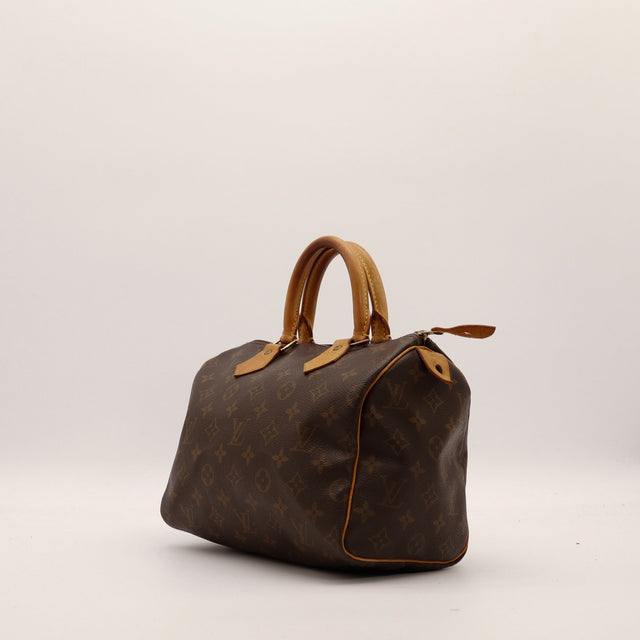 Louis Vuitton Speedy 30 vue de trois quarts toile Monogram patine caramel — AMANA Vintage